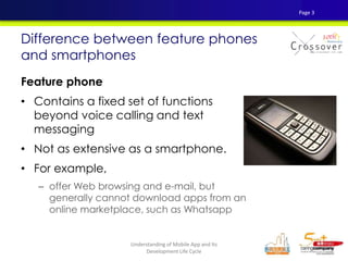 Feature phone
• Contains a fixed set of functions
beyond voice calling and text
messaging
• Not as extensive as a smartphone.
• For example,
– offer Web browsing and e-mail, but
generally cannot download apps from an
online marketplace, such as Whatsapp
Difference between feature phones
and smartphones
Page 3
Understanding of Mobile App and Its
Development Life Cycle
 