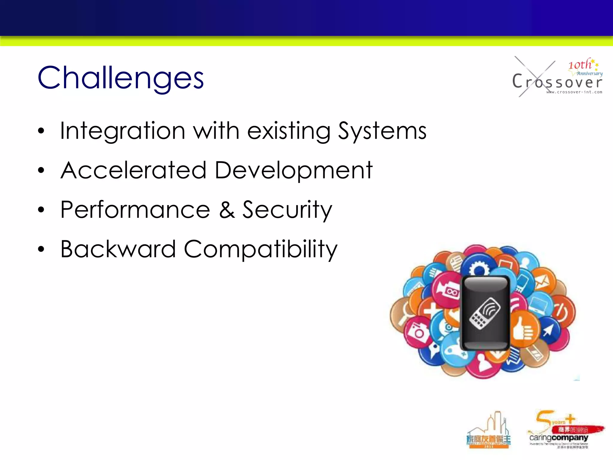 • Integration with existing Systems
• Accelerated Development
• Performance & Security
• Backward Compatibility
Challenges
 