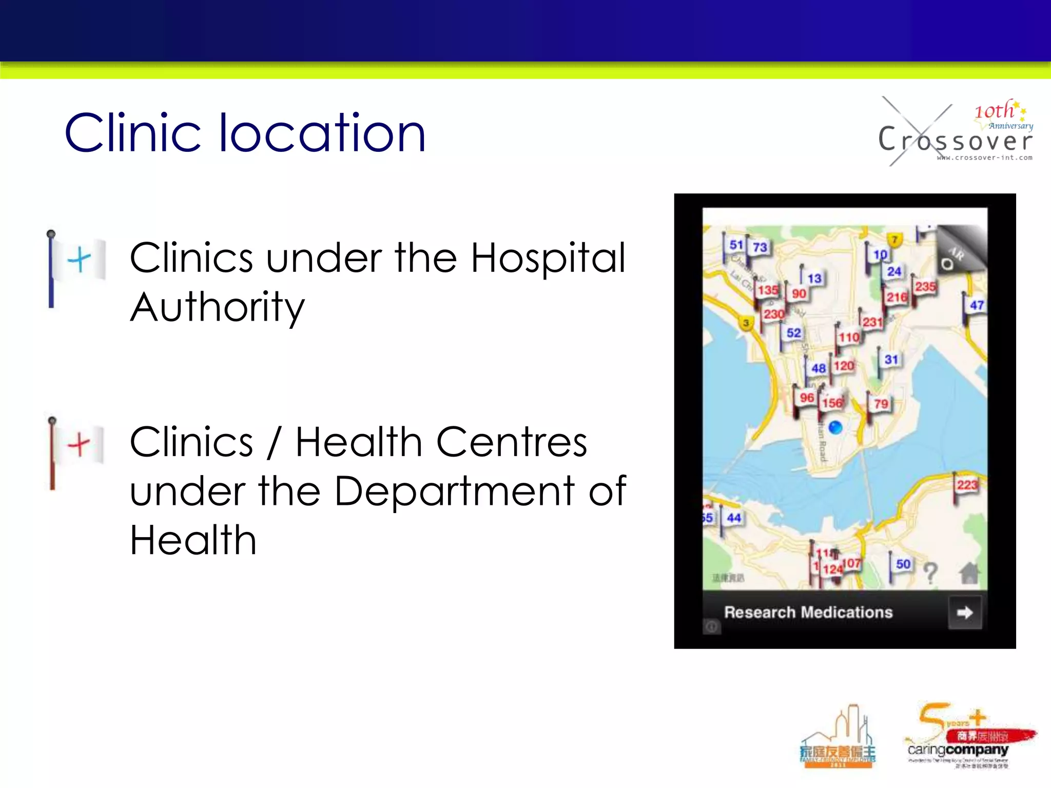 • Clinics under the Hospital
Authority
• Clinics / Health Centres
under the Department of
Health
Clinic location
 
