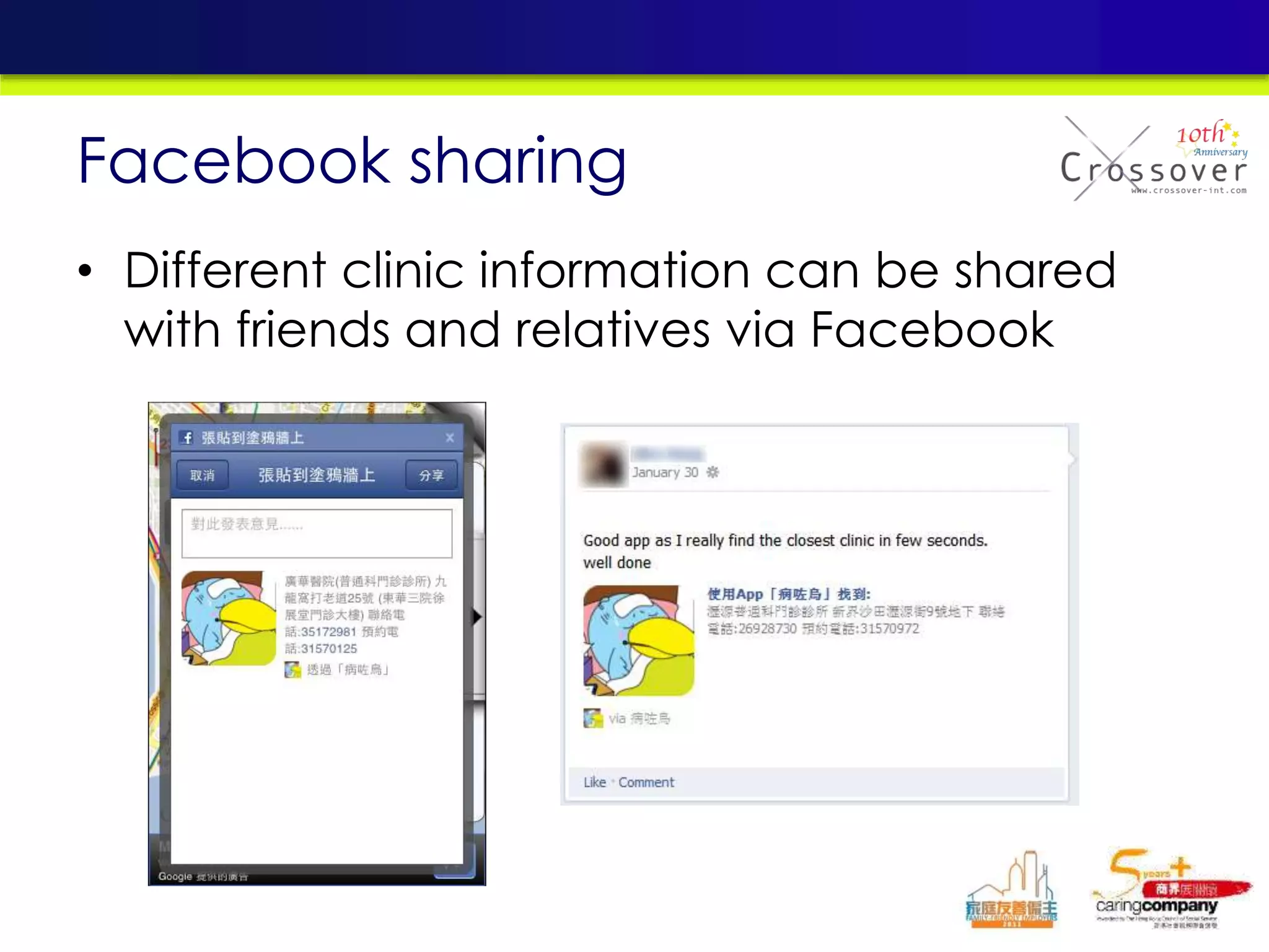 • Different clinic information can be shared
with friends and relatives via Facebook
Facebook sharing
 