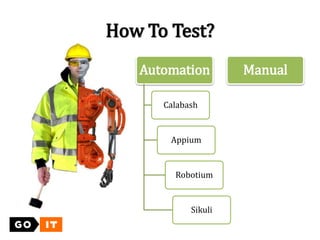 Automation
Calabash
Appium
Robotium
Sikuli
Manual
How To Test?
 