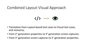 Combined Layout-Visual Approach
• Translation from Layout-based test cases to Visual test cases,
and viceversa;
• From 2° generation properties to 3° generation screen captures;
• From 3° generation screen captures to 2° generation properties.
 