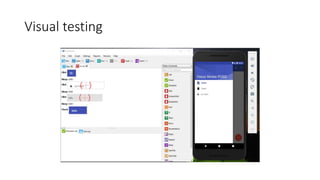 Visual testingImage recognition of screen captures on an emulated
Android Virtual Device
Visual GUI Testing of Android Apps
 
