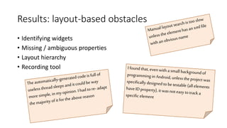 Results: layout-based obstacles
• Identifying widgets
• Missing / ambiguous properties
• Layout hierarchy
• Recording tool
 