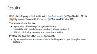Results
• RQ3: developing a test suite with EyeAutomate (w/EyeStudio IDE) is
slightly easier than with Espresso (w/Android Studio IDE)
• The main obstacles are:
• imprecision of the image recognition library
(especially with small elements and very simple patterns)
• difficulty of finding unambiguous layout properties
• Preference towards the visual approach
• higher intuitiveness and ease of use in building test scripts through screen
captures.
 