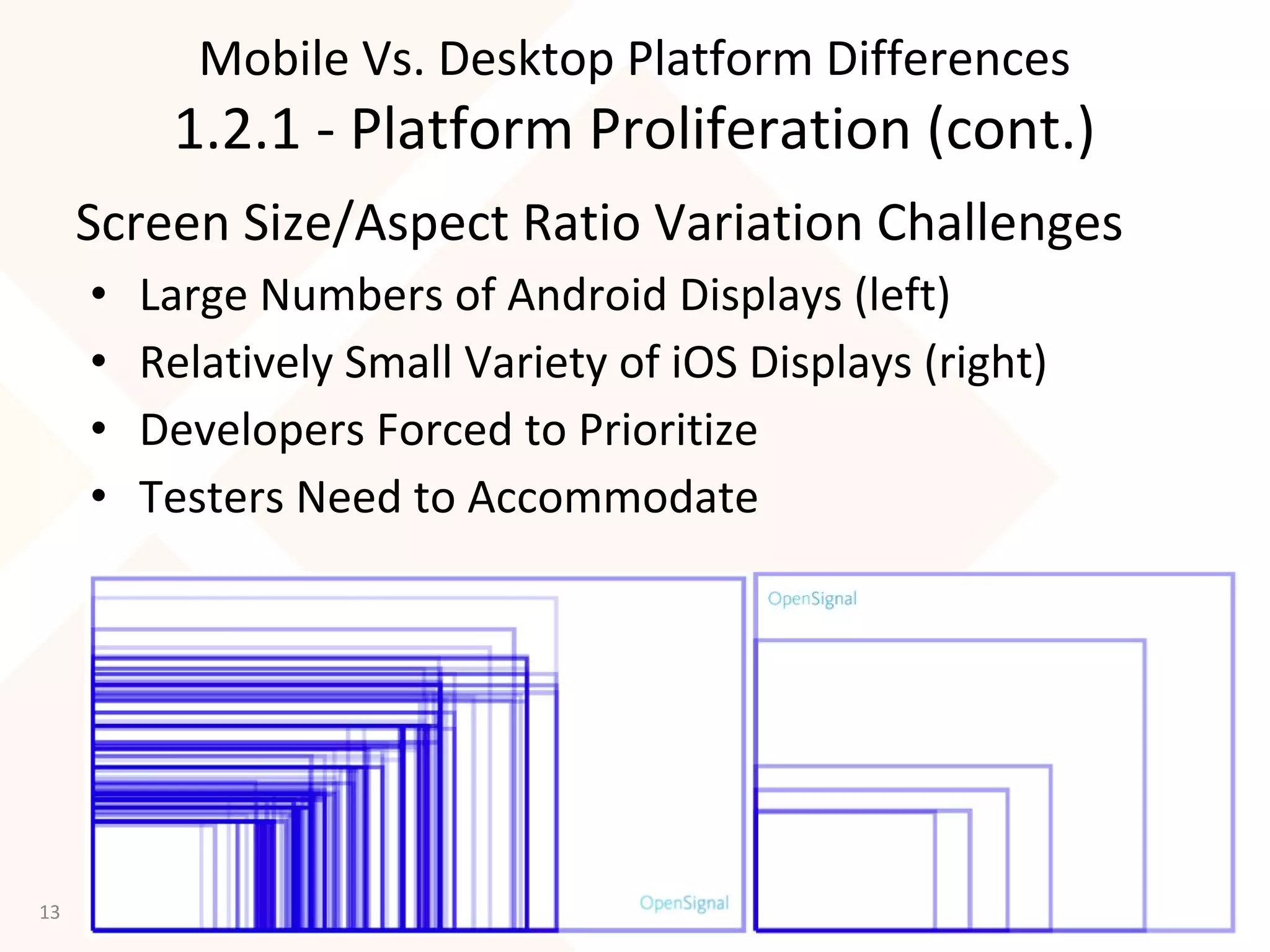 XBOSoft, Inc. All Rights Reserved.
Screen Size/Aspect Ratio Variation Challenges
• Large Numbers of Android Displays (left)
• Relatively Small Variety of iOS Displays (right)
• Developers Forced to Prioritize
• Testers Need to Accommodate
13
Mobile Vs. Desktop Platform Differences
1.2.1 - Platform Proliferation (cont.)
 