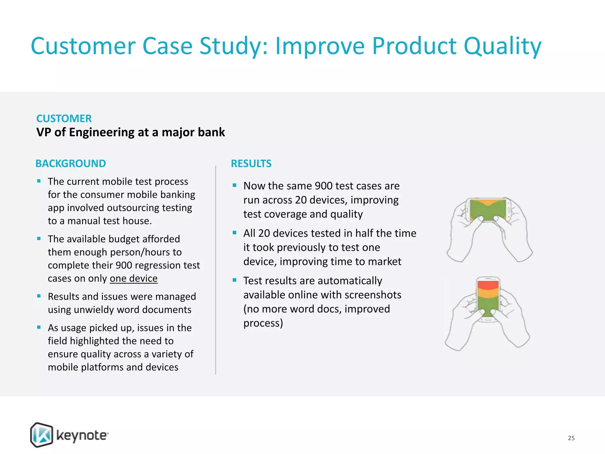 Customer Case Study: Improve Product Quality
 The current mobile test process
for the consumer mobile banking
app involved outsourcing testing
to a manual test house.
 The available budget afforded
them enough person/hours to
complete their 900 regression test
cases on only one device
 Results and issues were managed
using unwieldy word documents
 As usage picked up, issues in the
field highlighted the need to
ensure quality across a variety of
mobile platforms and devices
BACKGROUND RESULTS
CUSTOMER
VP of Engineering at a major bank
 Now the same 900 test cases are
run across 20 devices, improving
test coverage and quality
 All 20 devices tested in half the time
it took previously to test one
device, improving time to market
 Test results are automatically
available online with screenshots
(no more word docs, improved
process)
25
 