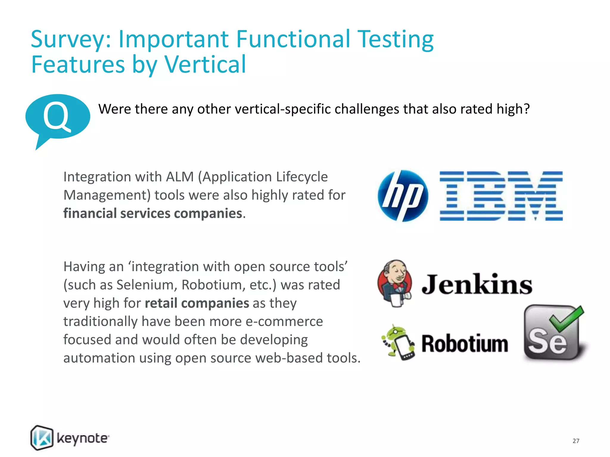 Survey: Important Functional Testing
Features by Vertical
Integration with ALM (Application Lifecycle
Management) tools were also highly rated for
financial services companies.
Having an ‘integration with open source tools’
(such as Selenium, Robotium, etc.) was rated
very high for retail companies as they
traditionally have been more e-commerce
focused and would often be developing
automation using open source web-based tools.
Were there any other vertical-specific challenges that also rated high?
Q
27
 