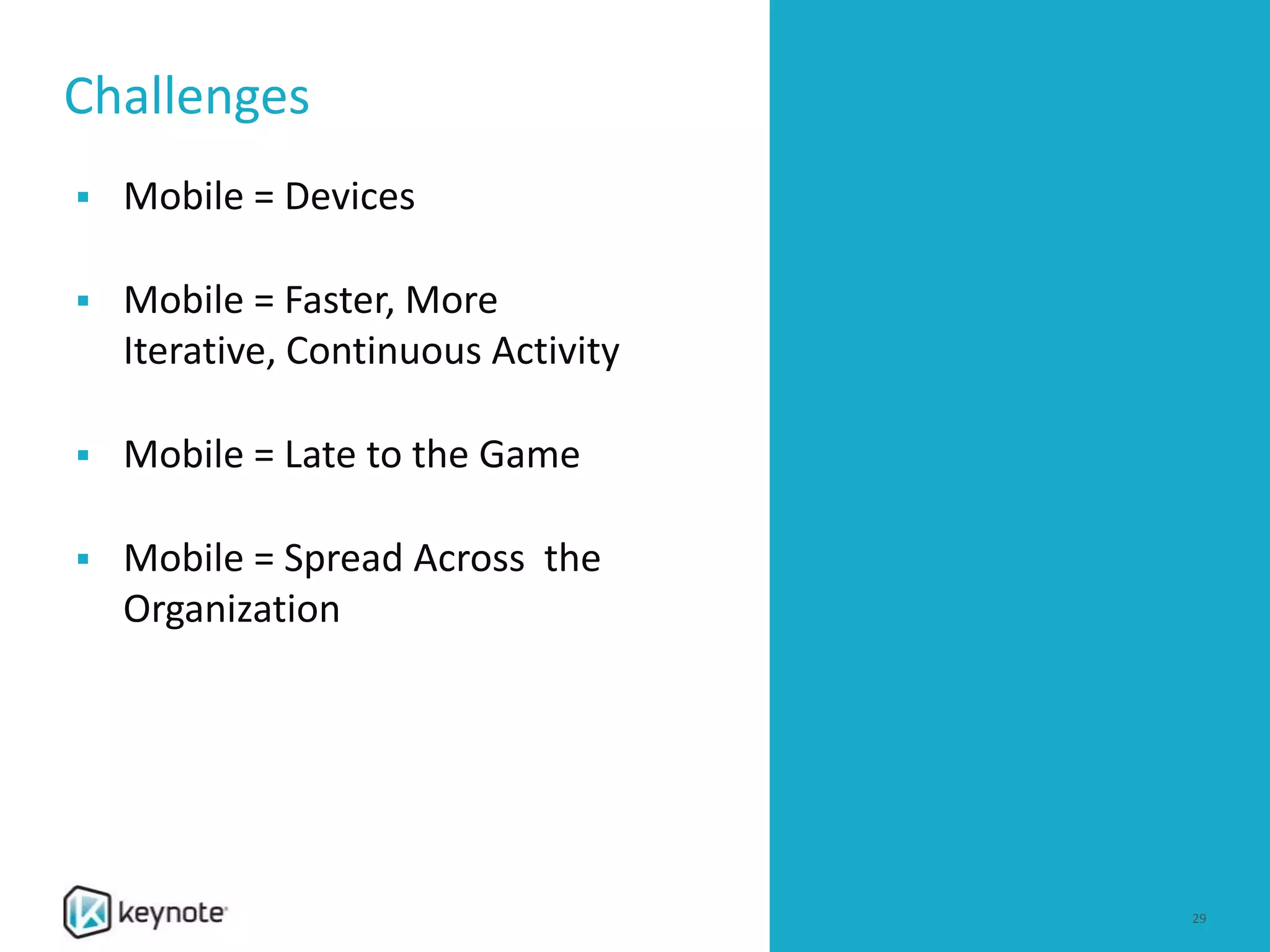 Challenges
29
 Mobile = Devices
 Mobile = Faster, More
Iterative, Continuous Activity
 Mobile = Late to the Game
 Mobile = Spread Across the
Organization
 