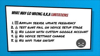 What may go wrong a.k.a limitations
1. Appium server update frequency
2. test runs fail on device setup stage
3. No login with custom google account
4. No device settings change
5. No wifi turn on/off
 