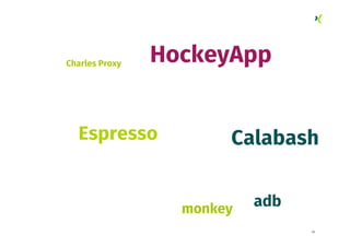 28
Calabash
monkey
HockeyApp
Espresso
adb
Charles Proxy
 