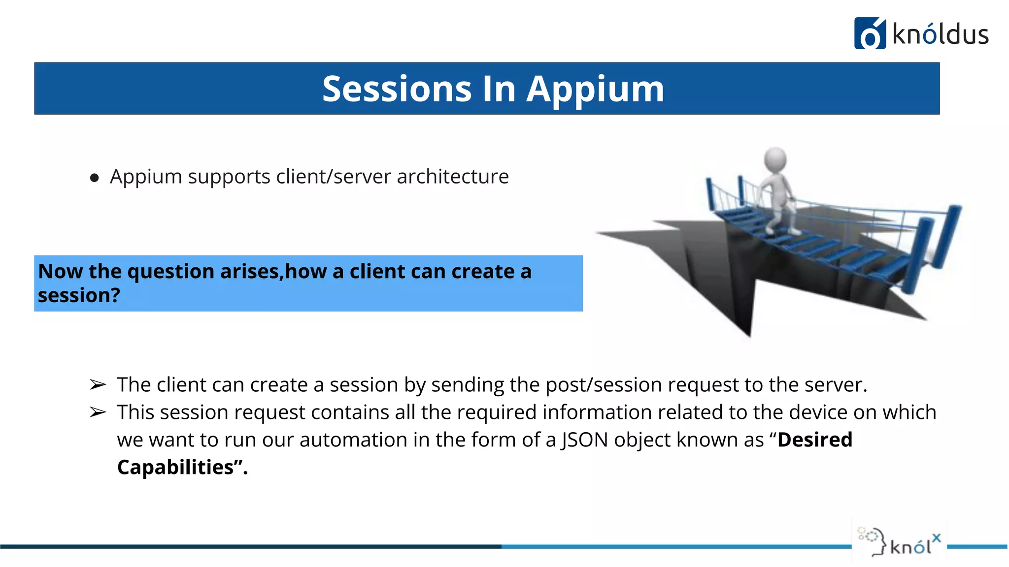 ● Appium supports client/server architecture
Sessions In Appium
Now the question arises,how a client can create a
session?
➢ The client can create a session by sending the post/session request to the server.
➢ This session request contains all the required information related to the device on which
we want to run our automation in the form of a JSON object known as “Desired
Capabilities”.
 