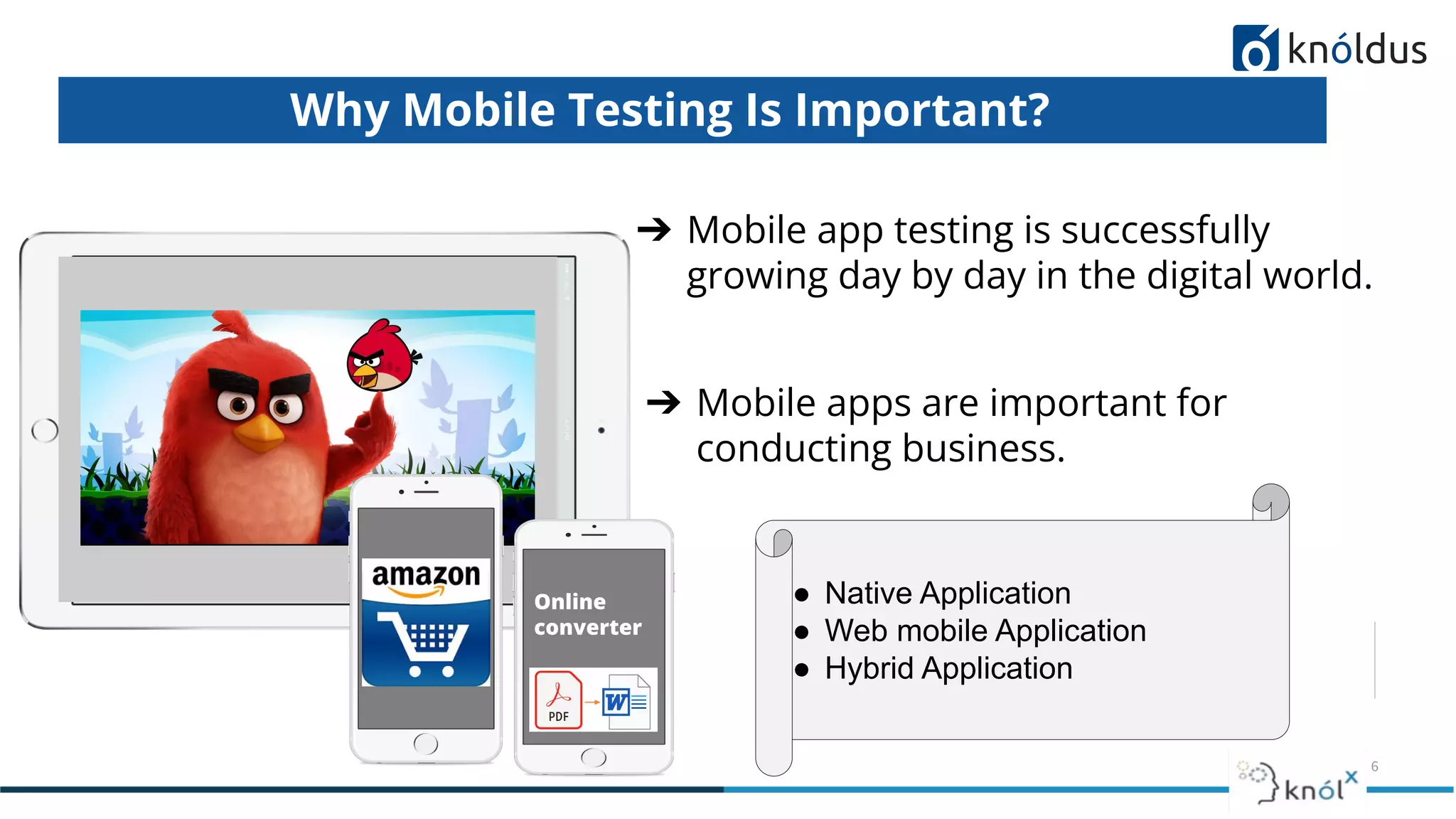 6
Why Mobile Testing Is Important?
➔ Mobile apps are important for
conducting business.
➔ Mobile app testing is successfully
growing day by day in the digital world.
Online
converter
● Native Application
● Web mobile Application
● Hybrid Application
 