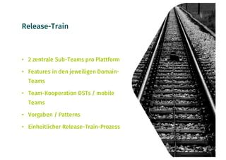 Release-Train
• 2 zentrale Sub-Teams pro Plattform
• Features in den jeweiligen Domain-
Teams
• Team-Kooperation DSTs / mobile
Teams
• Vorgaben / Patterns
• Einheitlicher Release-Train-Prozess
20
 