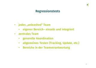 Regressionstests
• jedes „unleashed“ Team
• eigener Bereich– einzeln und integriert
• zentrales Team
• generelle Koordination
• allgemeines Testen (Tracking, Update, etc.)
• Bereiche in der Teamverantwortung
23
 