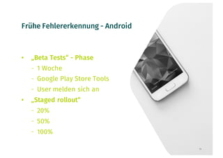 Frühe Fehlererkennung - Android
• „Beta Tests“ - Phase
- 1 Woche
- Google Play Store Tools
- User melden sich an
• „Staged rollout“
- 20%
- 50%
- 100%
25
 