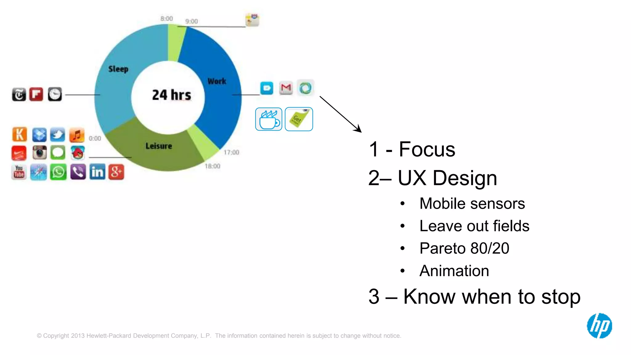 © Copyright 2013 Hewlett-Packard Development Company, L.P. The information contained herein is subject to change without notice.
1 - Focus
2– UX Design
• Mobile sensors
• Leave out fields
• Pareto 80/20
• Animation
3 – Know when to stop
 