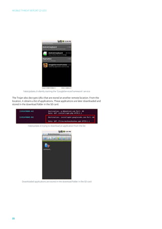 Mobile Threat Report Q1 2012




           FakeUpdates.A silently starting the ‘GoogleServicesFramework’ service

The Trojan also decrypts URLs that are stored at another remote location. From the
location, it obtains a list of applications. These applications are later downloaded and
stored in the download folder in the SD card.




               FakeUpdate.A trying to download an application from the list




         Downloaded applications are stored in the download folder in the SD card




25
 