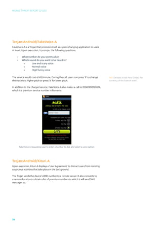 Mobile Threat Report Q1 2012




Trojan:Android/FakeVoice.A
FakeVoice.A is a Trojan that promotes itself as a voice changing application to users
in Israel. Upon execution, it prompts the following questions:

     •	      What number do you want to dial?
     •	      Which sound do you want to be heard in?
              »»     Low and scary voice
              »»     Normal voice
              »»     High funny voice

The service would cost 6 NIS/minute. During the call, users can press ‘9’ to change          NIS: Denotes Israeli New Shekel, the
the voice to a higher pitch or press ‘8’ for lower pitch.                                    currency of the State of Israel.

In addition to the charged service, FakeVoice.A also makes a call to 01240900720674,
which is a premium service number in Romania.




          FakeVoice.A requesting user to enter a number to dial, and select a voice option




Trojan:Android/Kituri.A
Upon execution, Kituri.A displays a ‘User Agreement’ to distract users from noticing
suspicious activities that take place in the background.

The Trojan sends the device’s IMEI number to a remote server. It also connects to
a remote location to obtain a list of premium numbers to which it will send SMS
messages to.




26
 
