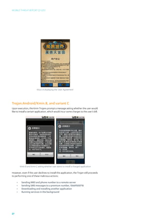 Mobile Threat Report Q1 2012




                            Kituri.A displaying the ‘User Agreement’




Trojan:Android/Kmin.B, and variant C
Upon execution, the Kmin Trojans prompt a message asking whether the user would
like to install a certain application, which would incur some charges to the user’s bill.




          Kmin.B and Kmin.C asking whether user wants to install a charged application

However, even if the user declines to install this application, the Trojan still proceeds
to performing one of these malicious actions:

     •	    Sending IMEI and phone number to a remote server
     •	    Sending SMS messages to a premium number, 10669500718
     •	    Downloading and installing another application
     •	    Running services in the background




27
 