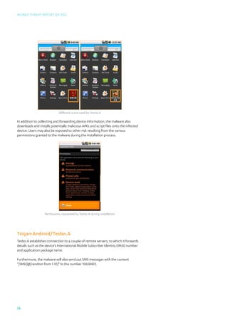 Mobile Threat Report Q4 2012




                             Different icons used by Temai.A

In addition to collecting and forwarding device information, the malware also
downloads and installs potentially malicious APKs and script files onto the infected
device. Users may also be exposed to other risk resulting from the various
permissions granted to the malware during the installation process.




                   Permissions requested by Temai.A during installation




Trojan:Android/Tesbo.A
Tesbo.A establishes connection to a couple of remote servers, to which it forwards
details such as the device’s International Mobile Subscriber Identity (IMSI) number
and application package name.

Furthermore, the malware will also send out SMS messages with the content
“[IMSI]@[random from 1-10]” to the number 10658422.




26
 