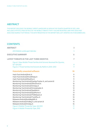 Mobile Threat Report Q4 2012




abstract
THIS REPORT DISCUSSES THE MOBILE THREAT LANDSCAPE AS SEEN IN THE fourth QUARTER OF 2012, AND
INCLUDES STATISTICS AND DETAILS OF THE MOBILE THREATS THAT F-SECURE RESPONSE LABS HAVE SEEN AND
ANALYZED DURING THAT PERIOD. The data presented in this report was last updated on 31 December 2012.




Contents
abstract3
       2012 Mobile Landscape Calendar                                              5
Executive Summary                                                                  6

Latest threats In the last three months                                            7
       Figure 1: New Mobile Threat Families And Variants Received Per Quarter,
       Q1–Q4 2012                                                                  8
       Figure 2: Threat Families And Variants By Platform,2010–2012                9

       Potentially unwanted software                                              10
       Hack-Tool:Android/Aniti.A11
       Hack-Tool:Android/DroidSheep.A11
       Hack-Tool:Android/EksyPox.A11
       Monitoring-Tool:Android/GpsSpyTracker.A, and variant B 11
       Monitoring-Tool:Android/SheriDroid.A12
       Monitoring-Tool:Android/SmsSpy.A12
       Monitoring-Tool:Android/SmsUploader.A12
       Monitoring-Tool:Android/SpyMob.A13
       Monitoring-Tool:Android/SpyPhone.A13
       Monitoring-Tool:Android/TheftAware.A14
       Monitoring-Tool:Android/TrackPlus.A14
       Riskware:Android/AutoRegSMS.A14
       Riskware:Android/SmsReg.A, and variant.B               15
       Riskware:Android/SmsSpy.A16
       Figure 3: Mobile Threats By Type, Q4 2012              17
       Figure 4: Mobile Threats By Type, 2012                 17




3
 