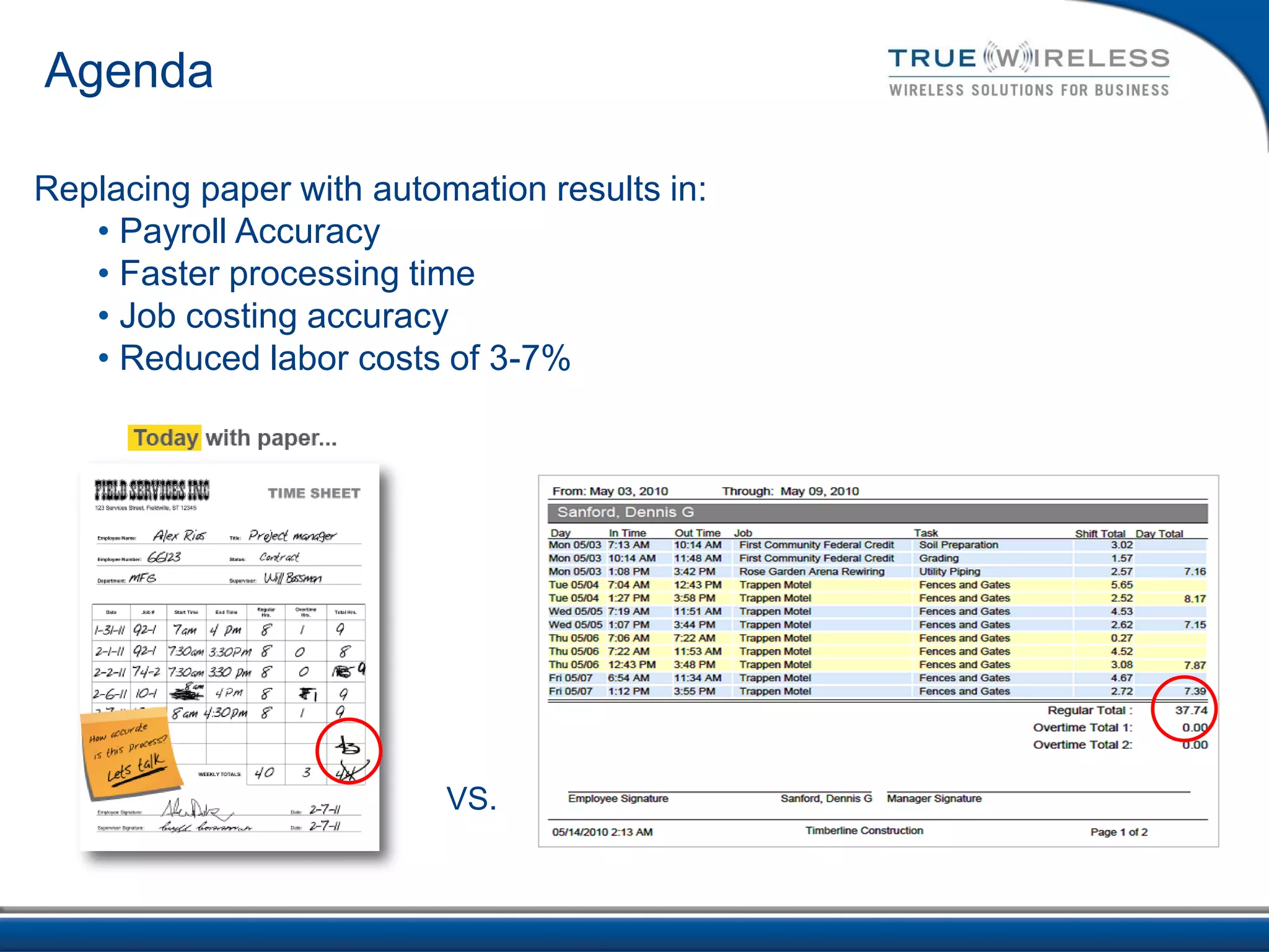 Agenda

Replacing paper with automation results in:
   • Payroll Accuracy
   • Faster processing time
   • Job costing accuracy
   • Reduced labor costs of 3-7%




                          VS.
 