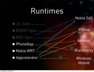 Runtimes
                                                                                  Nokia S60
                    • JIL Spechttp://www.jil.org/



                    • BONDI Spec       http://bondi.omtp.org/
                                                                                   iPhone

                    • W3C Spec   http://w3.org/2009/dap/

                                                                                   Android
                    • PhoneGap    http://phonegap.pbworks.com/



                    • Nokia WRT     http://bit.ly/nokia-WRT-APIs                  Blackberry

                    • Appcelerator      http://www.codestrong.com/timobile/api/   Windows
                                                                                   Mobile
Donnerstag, 4. März 2010
 
