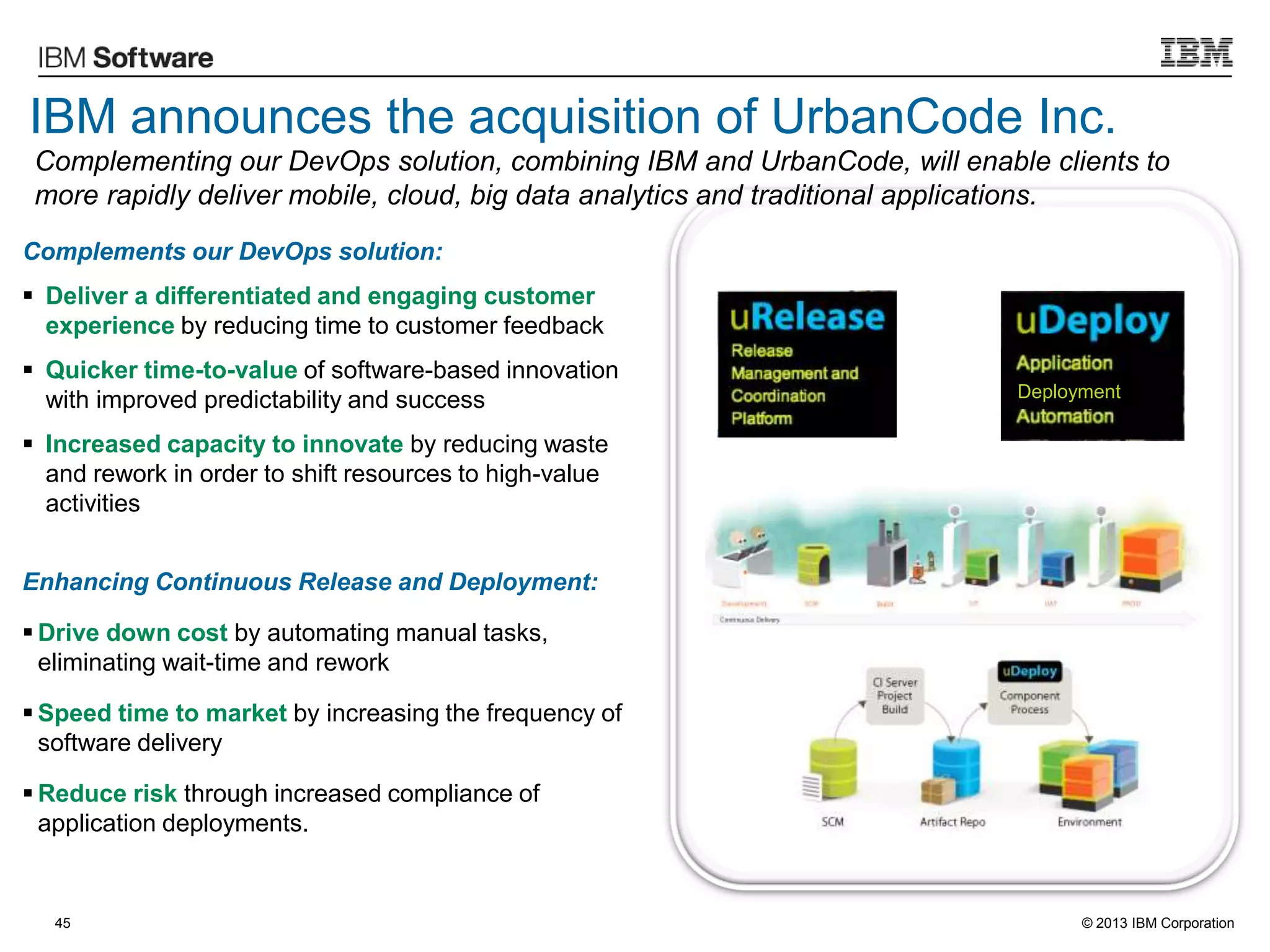 © 2013 IBM Corporation
IBM announces the acquisition of UrbanCode Inc.
Enhancing Continuous Release and Deployment:
 Drive down cost by automating manual tasks,
eliminating wait-time and rework
 Speed time to market by increasing the frequency of
software delivery
 Reduce risk through increased compliance of
application deployments.
45
Deployment
Complements our DevOps solution:
 Deliver a differentiated and engaging customer
experience by reducing time to customer feedback
 Quicker time-to-value of software-based innovation
with improved predictability and success
 Increased capacity to innovate by reducing waste
and rework in order to shift resources to high-value
activities
Complementing our DevOps solution, combining IBM and UrbanCode, will enable clients to
more rapidly deliver mobile, cloud, big data analytics and traditional applications.
 