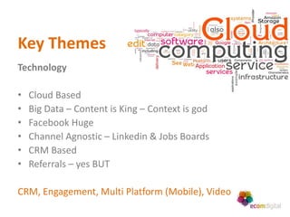 Key Themes
Technology

•   Cloud Based
•   Big Data – Content is King – Context is god
•   Facebook Huge
•   Channel Agnostic – Linkedin & Jobs Boards
•   CRM Based
•   Referrals – yes BUT

CRM, Engagement, Multi Platform (Mobile), Video
 