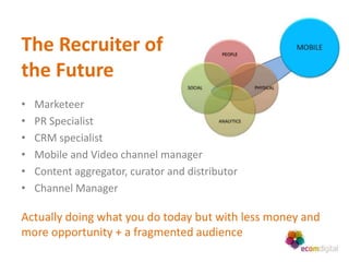 The Recruiter of
the Future
•   Marketeer
•   PR Specialist
•   CRM specialist
•   Mobile and Video channel manager
•   Content aggregator, curator and distributor
•   Channel Manager

Actually doing what you do today but with less money and
more opportunity + a fragmented audience
 