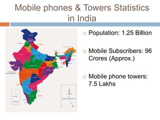 Mobile phones & Towers Statistics
in India
 Population: 1.25 Billion
 Mobile Subscribers: 96
Crores (Approx.)
 Mobile phone towers:
7.5 Lakhs
 