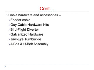 Cont…
Cable hardware and accessories –
Feeder cable
Guy Cable Hardware Kits
Bird-Flight Diverter
Galvanized Hardware
Jaw-Eye Turnbuckle
J-Bolt & U-Bolt Assembly
 