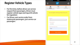 Register Vehicle Types
• For first time, before driver can service
request from passengers, Driver must
register vehicle type and input ID vehicle
for regulation
• Car Driver cant service order from
motorcycle passengers, just service car
passengers
22
 