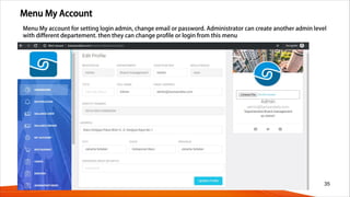 Menu My Account
35
Menu My account for setting login admin, change email or password. Administrator can create another admin level
with different departement. then they can change profile or login from this menu
 