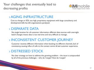 Your challenges that eventually lead to
decreasing profits

    › AGING INFRASTRUCTURE
     Cost to change or EOL too high, proprietary equipment with large consultancy and
     development bills has left organisations paralysed.


    › DISPARATE DATA
     No single location for all customer information, different data sources with overnight
     batch changes means data is not real time and very difficult to manage.

    › INCONSISTENT CUSTOMER JOURNEY
     Customer receives different information when booking via different channels, lack of
     consistency, causing influx of calls to the contact centre & bad customer experience.

    › DISTRESSED STOCK
     No clear strategy on how to address this growing problem – the issue is compounded
     by all of the previous challenges – who do I target? How do I target?




                                                                                              87
 