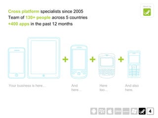 About Us

Cross platform specialists since 2005
Team of 130+ people across 5 countries
+400 apps in the past 12 months




                         +               +          +

Your business is here…        And            Here       And also
                              here…          too…       here.




                                                                        4
 
