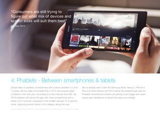 (Replace with full screen background image)
4. Phablets - Between smartphones & tablets
Global sales of phablets, smartphones with screens between 5.5 and
7 inches, will top sales of portable PCs in 2014 and surpass sales
of tablets in the next year, according to a new forecast from IDC. By
2018 phablets will narrow the gap with other smartphones with a
share of 24.4 percent compared to the smaller devices’ 51.2 percent
share, capturing second place in the category along the way.
We’ve already seen it with the Samsung Note, Nexus 5, iPhone 6
Plus and other devices and 2015 will be the breakthrough year for
Phablets. Smartphone screens are getting much bigger and users
require app developers to adopt their apps accordingly.
http://campustechnology.com/articles/2014/09/04/phablet-sales-to-top-mobile-laptops-this-year-tablets-in-2015.aspx
“Consumers are still trying to
figure out what mix of devices and
screen sizes will suit them best”
IDC Sep 2014
 