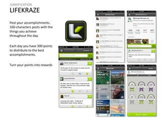 GAMIFICATION 
LIFEKRAZE 
Post your accomplishments. 
160-characters posts with the 
things you achieve 
throughout the day. 
Each day you have 300 points 
to distribute to the best 
accomplishments. 
Turn your points into rewards 
 
