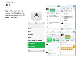PRODUCTIVITY 
LIFT 
Lift provides motivation for 
any goal with habit tracking, 
progress visualizations, social 
support, and more. 
 