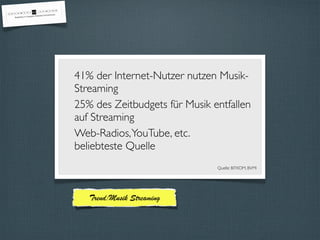 41% der Internet-Nutzer nutzen Musik-
Streaming
25% des Zeitbudgets für Musik entfallen
auf Streaming
Web-Radios,YouTube, etc.
beliebteste Quelle
Quelle: BITKOM, BVMI
Trend:Musik Streaming
 