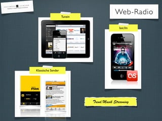 Web-RadioTunein
last.fm
Klassische Sender
Trend:Musik Streaming
 