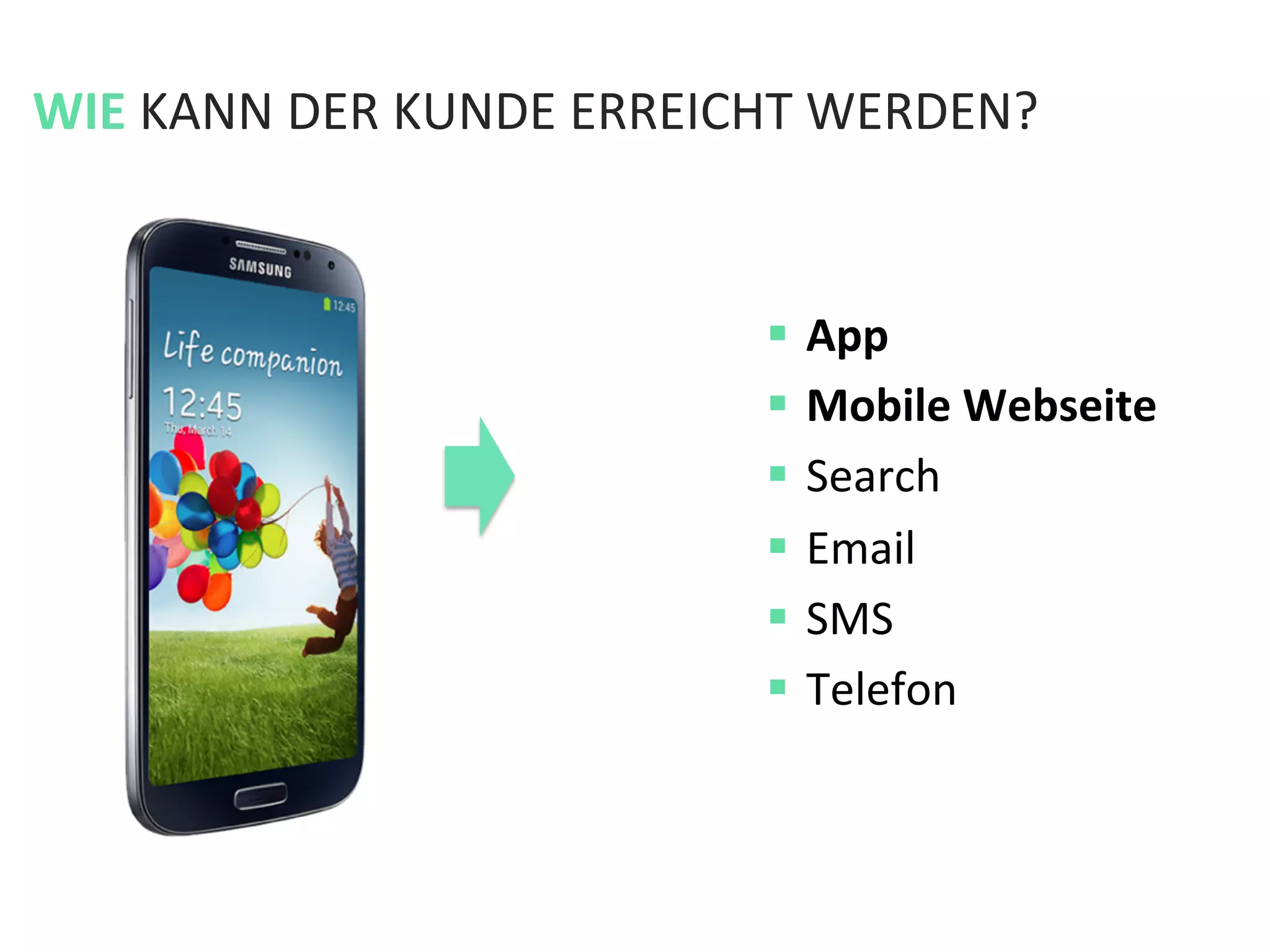 §  App	
  
§  Mobile	
  Webseite	
  
§  Search	
  
§  Email	
  
§  SMS	
  
§  Telefon	
  
WIE	
  KANN	
  DER	
  KUNDE	
  ERREICHT	
  WERDEN?	
  
 