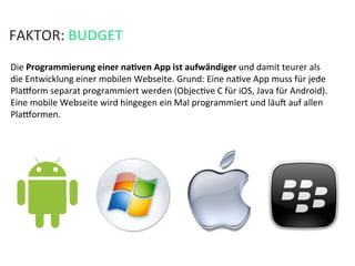 FAKTOR:	
  BUDGET	
  
Die	
  Programmierung	
  einer	
  naPven	
  App	
  ist	
  aufwändiger	
  und	
  damit	
  teurer	
  als	
  	
  
die	
  Entwicklung	
  einer	
  mobilen	
  Webseite.	
  Grund:	
  Eine	
  naKve	
  App	
  muss	
  für	
  jede	
  
Plaeorm	
  separat	
  programmiert	
  werden	
  (ObjecKve	
  C	
  für	
  iOS,	
  Java	
  für	
  Android).	
  
Eine	
  mobile	
  Webseite	
  wird	
  hingegen	
  ein	
  Mal	
  programmiert	
  und	
  läua	
  auf	
  allen	
  
Plaeormen.	
  	
  
 