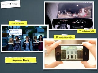 Face recognition

Virtual Windshield
3D object recognition

Augmented Reality

 