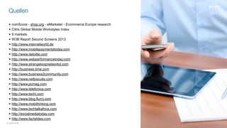 Quellen
! comScore - shop.org - eMarketer - Ecommerce Europe research
! Citrix Global Mobile Workstyles Index
! 9 markets
! W3B Report Second Screens 2013
! http://www.internetworld.de
! http://www.mobilepaymentstoday.com
! http://www.deloitte.com
! http://www.webperformancetoday.com
! http://www.strangeloopnetworkd.com
! http://business.time.com
! http://www.business2community.com
! http://www.netbiscuits.com
! http://www.pcmag.com
! http://www.telefonica.com
! http://www.techi.com
! http://www.blog.flurry.com
! http://www.mobithinking.com
! http://www.techtalkafrica.com
! http://socialmediatoday.com
! http://www.factslides.com
© www.twt.de
 