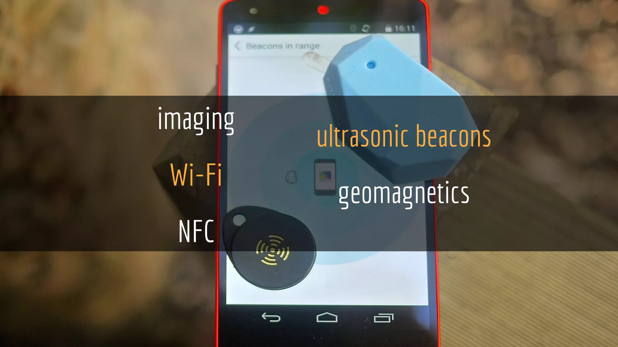imaging
Wi-Fi
NFC
ultrasonic beacons
geomagnetics
 