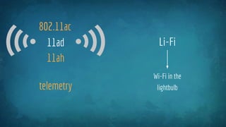 11ad
802.11ac
telemetry
11ah
Li-Fi
Wi-Fi in the
lightbulb
 
