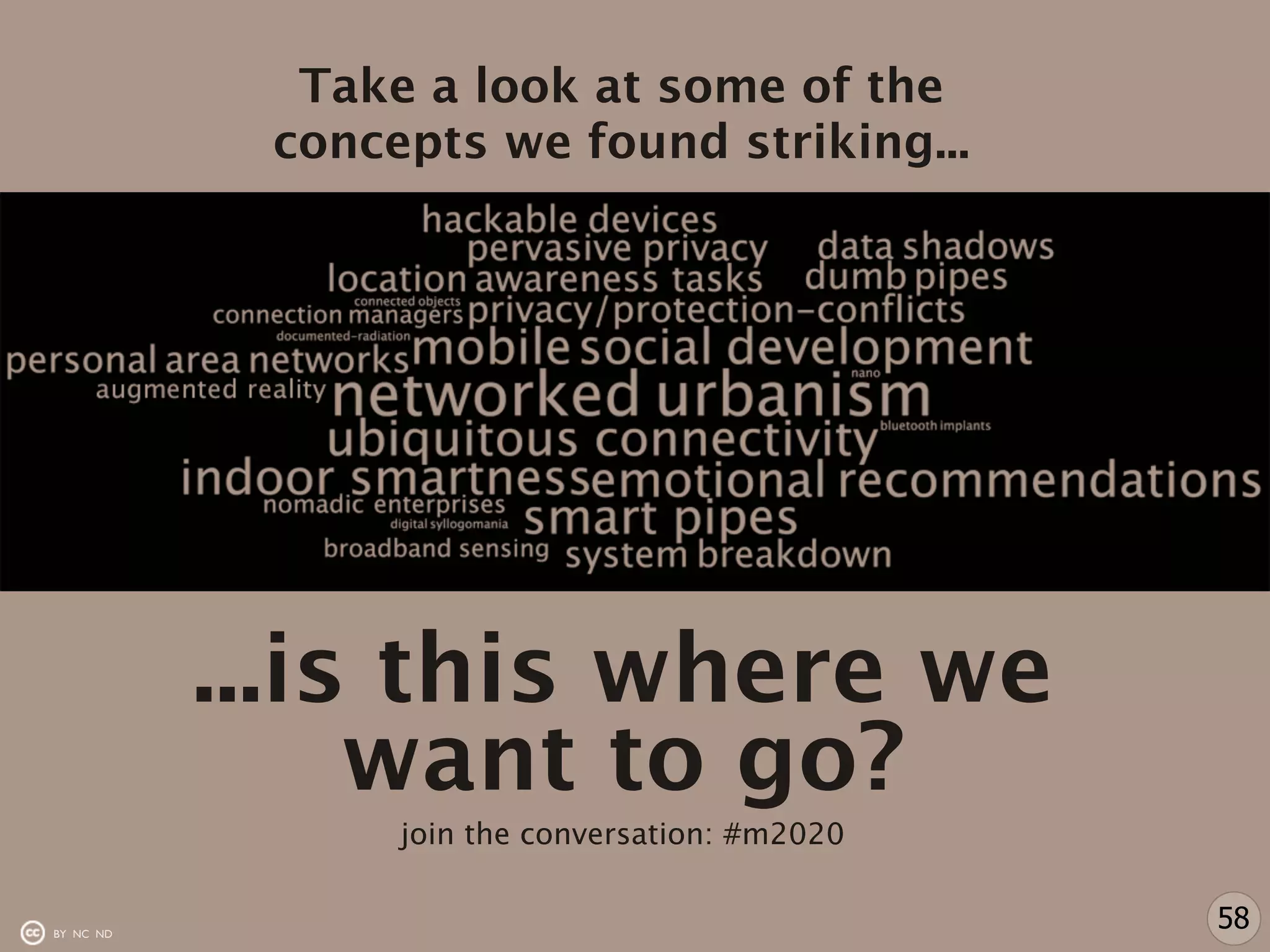 Take a look at some of the
            concepts we found striking...




           ...is this where we
                want to go?
                 join the conversation: #m2020


BY NC ND
                                                 58
 