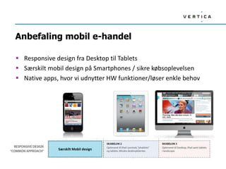 Anbefaling mobil e-handel

 Responsive design fra Desktop til Tablets
 Særskilt mobil design på Smartphones / sikre købsoplevelsen
 Native apps, hvor vi udnytter HW funktioner/løser enkle behov




              Særskilt Mobil design
 